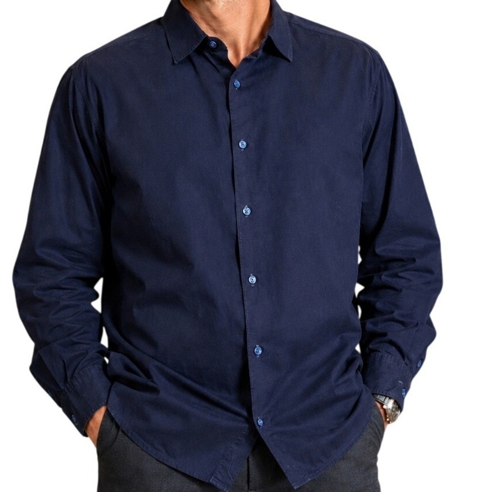 Orlebar Brown Giles Resort Shirt Mens XL Navy Blue Cotton Long Sleeve Button Up